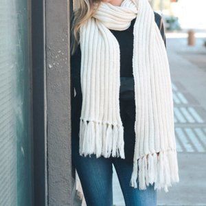 Oversized Ribbed Tassel Cozy Winter Scarf in Ivory